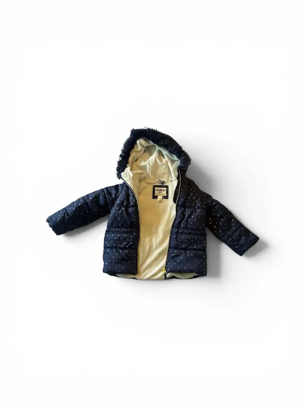 OshKosh B'gosh Navy Puffer Jacket with Gold Polka Dots and Faux Fur Hood